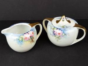 Porcelain Creamer & Lidded Sugar Bowl Set - Floral Roses, Gold Trim, Germany