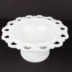 Anchor Hocking Old Colony Lace Edge Milk Glass Pedestal Compote - 7in Dia x 3.5in H