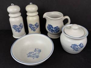 Delft Blue & White Ceramic Dinnerware Set - 5-Piece with Salt & Pepper Shakers, Creamer, Sugar Jar, Bowl