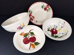 Knowles Utility Ware Bowl with 3 Blue Ridge Plates - Hand Painted, Made in USA