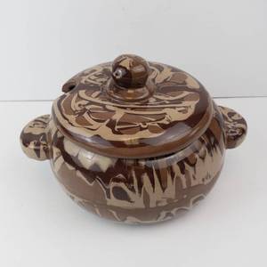 Handmade Ceramic Lidded Pot - Brown & Tan Swirl Glaze