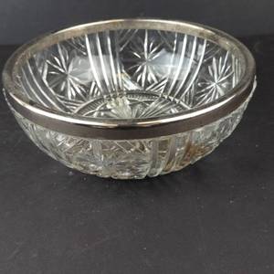 Crystal Glass Bowl - Starburst Pattern, Silver Plated Rim, 9-Inch Diameter