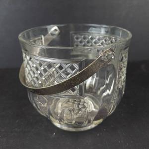 Vintage Glass Ice Bucket - Diamond-Pattern Texture with Metal Swing Handle