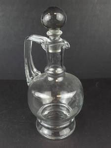 Vintage etched glass wine decanter with ball stopper and handle