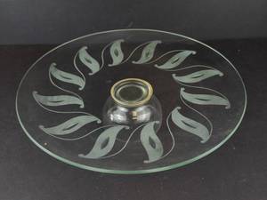 Glass Cake Stand with Etched Leaf Pattern on Pedestal - 11 in Diameter