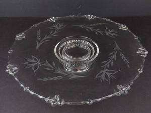 Clear Glass Pedestal Plate with Etched Leaf Pattern - 11 Inch Diameter