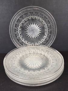 Set of 5 Clear Pressed-Glass Plates with Starburst Pattern, 9 in Diameter