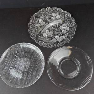 Pressed Glass Plates Set - Leaf & Berry Embossed, Herringbone & Clear Swirl Edges (Lot of 3)