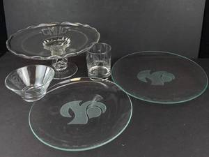 GMHC Engraved Glassware Set - Cake Platter on Stand, 2 Totem Pole Plates (Lot of 6)