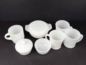 Anchor Hocking Fire-King Milk Glass D-Handle Mugs & Casserole Dish 7-Piece Set