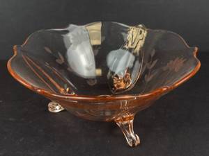 Lancaster Pink Depression Glass Footed Bowl - Floral Etching & Scalloped Rim