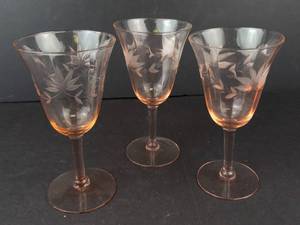 Tiffin Pink Depression Glass Wine Glasses - Etched Floral Pattern (Lot of 3)