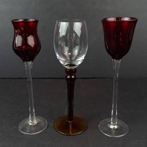 Lot of 3 Stemware Glasses - Burgundy Red Goblets (2) & Clear Goblet with red stem