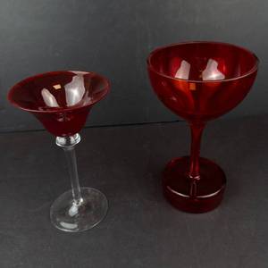 Ruby Red Glass Champagne Coupe & Martini Glass with Clear Stem