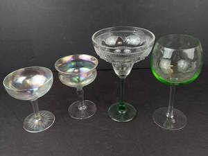 Glassware - 4 Stemware 2 Iridescent Glasses, 1 Sombrero Margarita, 1 Green-Tinted Wine Goblet