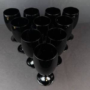 Black Glass Wine Goblets - Stemware Group of 10