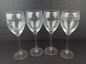 Etched Crystal Wine Glasses - Set of 4, Four Distinct Patterns