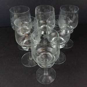 Goblets - Set of 6 Engraved Clear Glass with Etched Leaf Pattern