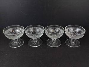 Dessert Coupes - Floral Etched Clear Glass, Set of 4, Footed Stems