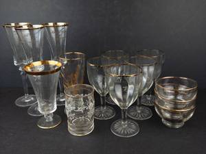Crystal Glassware Set with Gold Trim - Assorted Clear Glasses & 3 Bowls