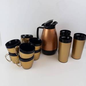 Copper-Tone Vacuum Coffee Carafe Set with 4 Gold Cups