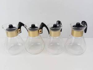 Corning Glass Coffee Carafes - 4-Pack Vintage with Gold Tone Collar & Black Handle