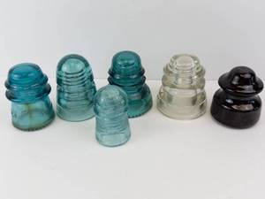 Hemingray Glass Insulators (Lot of 6) - Vintage Blue Teal Clear Brown