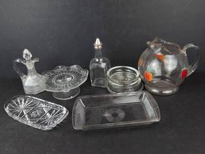Glassware Assortment - Cruet with Stopper, Painted Fruit Pitcher, Butter Dishes