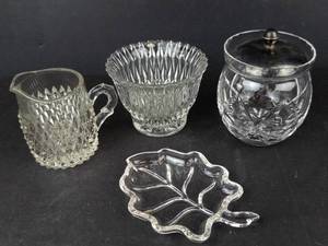 Indiana Glass Diamond Point Creamer - Libbey Sugar Bowl wLid - Glass Leaf Dish