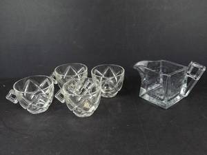 Crystal Teacups with Square Handles & Creamer - Starburst Pattern (Lot of 5)