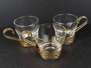 Libbey Vintage Greek Key Continental Coffee Cups - 3-Piece Set with Gold Handles