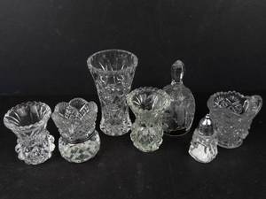 Crystal Glassware Assortment 4 Small Vases, 1 Salt Shaker, 1 Creamer