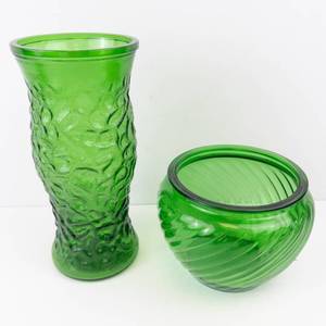 Green Glass Vases - Pair (Tall Textured Vase & Short Ribbed Vase)