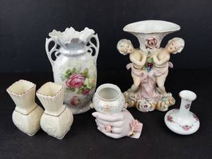 Belleek Toy Panel Bud Vases (2) - Chase Cherub Bud Vase - Noritake Bud Vase - Hand-Shaped Bud Vase