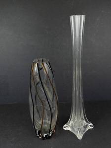 Handmade Glass Vase with Black and Bronze Stripes - Tall Clear Glass Vase