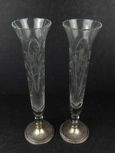 Vintage Etched Glass Bud Vases with Weighted Sterling Silver Bases (Lot of 2)