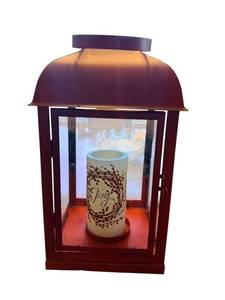 lot 1 image: Red Metal Lantern - Glass Panels, Candle Inside