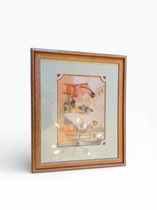 lot 3A image: Vintage Framed Print - People at Table Interior Scene, Wood Frame