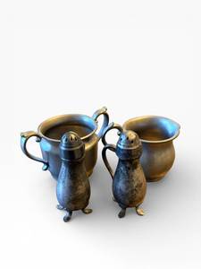 lot 4A image: Pewter Salt & Pepper Shaker Set with Creamers on Beaded Tray - Vintage