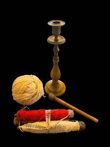 lot 7 image: Brass Candlestick Holder with Yarn Spools & Twine - Vintage Set