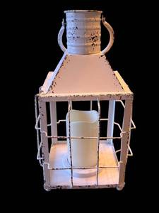 lot 7A image: White Metal Lantern - 14 in Tall, Cage Frame