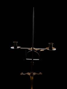 lot 8 image: Antique Metal Candelabrum with Central Spike and Dual Candle Holders