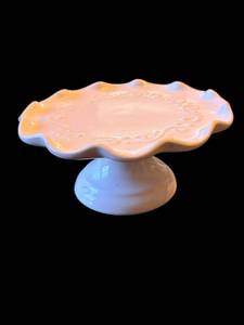 lot 9A image: White Ceramic Cake Stand with Scalloped Edge on Pedestal - 8 in Dia