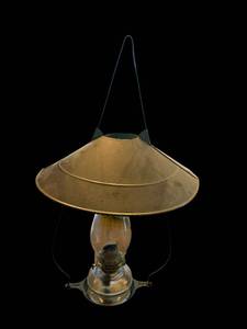 lot 10 image: Vintage Brass Hanging Oil Lamp with Conical Shade and Glass Reservoir