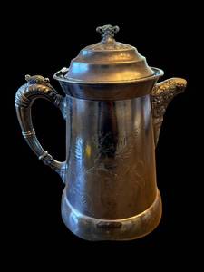lot 10A image: Tankard - Antique Silver-Plate Coffee Pot with Lid & Ornate Handles