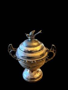 lot 11A image: Antique Silver-Plate Lidded Urn with Bird Finial & Candle Mold (Lot of 2)