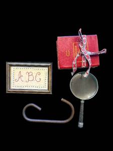 lot 17 image: ABC Sampler in Frame - Hand Mirror - Red Books with Ribbon - Iron Hook - 4-Piece Set