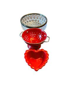 lot 19A image: Clear Glass Bowl - Red Colander - Heart-Shaped Dish - 3-Piece Set