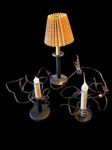 lot 21A image: Three-Candle Lamps - Orange Pleated Shade Vintage Lighting
