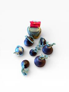 lot 29A image: Vintage Hanging Bell Ornaments - Assorted Blue & Bronze Metal Bells with Rope